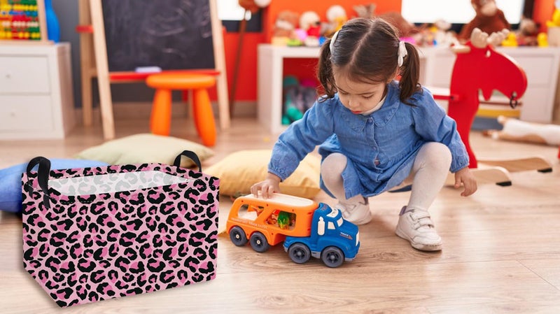 Essme Rectangular Kids Baskets,Pink Storage Basket with Handles for Girls Room Decor, Leopard Print Box,Cute Storage Bin(Pink leopard print) - Image 5